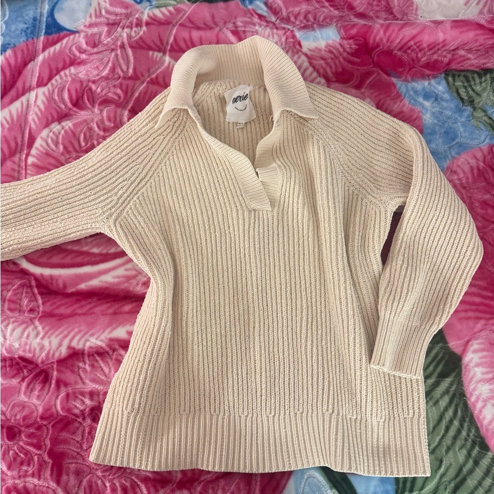 aerie Cream Ribbed Polo Sweater Pullover